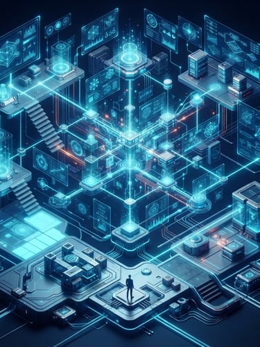 Sleek physical-digital hybrid environment with glowing holographic UI elements, isometric view of software architecture, deep midnight blue background, electric cyan accents, octane render