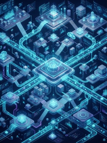 Isometric 3D render of glowing holographic software architecture pipelines, deep midnight blue background, electric cyan accents, octane render