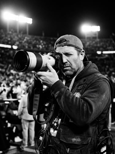 Close-up high-contrast black and white portrait of a sports photographer holding a professional camera, dramatic stadium floodlights in the background, deep shadows, 35mm