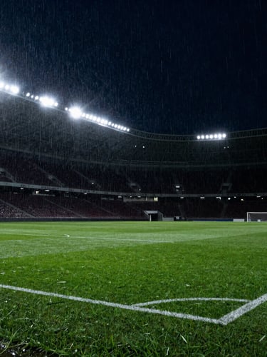 Low-angle high-contrast shot of a rain-slicked football pitch under intense stadium floodlights, dramatic glare, dark navy sky, 35mm