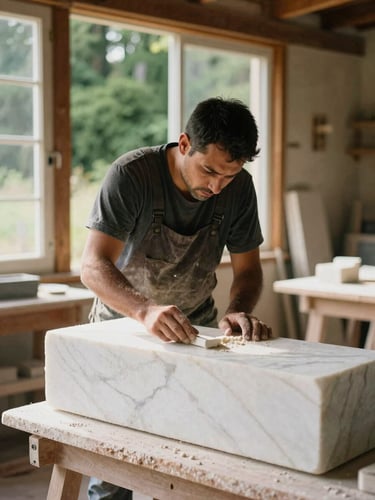 A master mason hand-polishing a heavy white marble block in a dusty Patagonian workshop, warm golden light filtering through a window, 35mm editorial photography