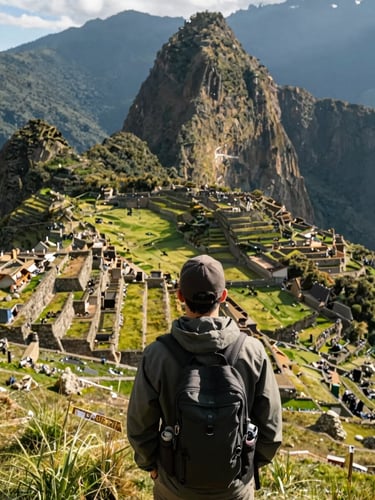 Candid shot of a traveler from behind looking out over a vast green valley in Peru, bright natural daylight, wide-angle lens