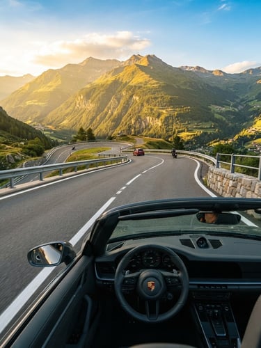 First-person perspective of a scenic winding road through high green mountains under bright golden-hour sunlight, wide-angle lens, 35mm look