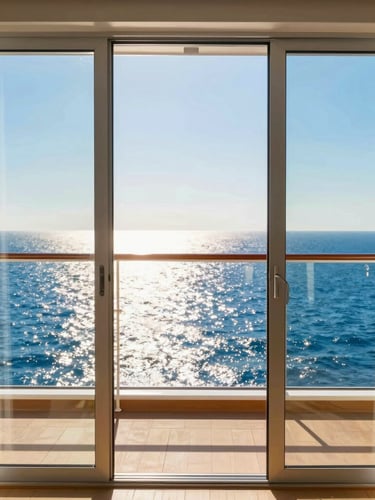 Bright, sun-drenched portrait of a modern cruise ship balcony suite, looking out through glass doors to the sparkling blue Mediterranean sea, natural morning light.