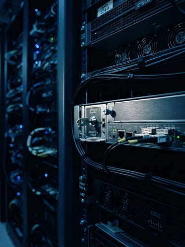 Cool-toned corporate server room with low-key dramatic studio lighting, deep blues and slate grays, sharp focus on a secure hardware interface, 35mm