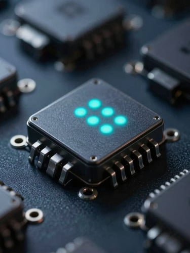 Macro shot of secure hardware interface with glowing cyan status indicators, cool-toned low-key studio lighting, sharp focus, 35mm