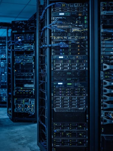 High-end server environment with cool-toned low-key blue lighting, sharp focus on server racks, 35mm corporate photography