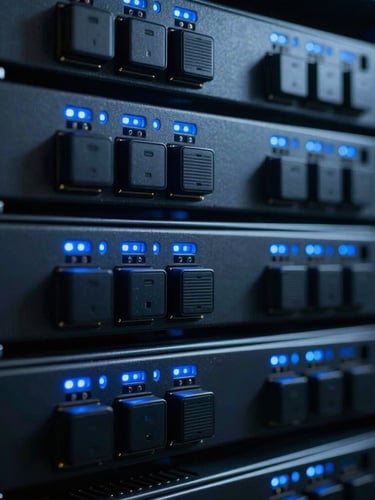 Macro shot of secure hardware interface with glowing blue LED indicators in a dark server room, high contrast, cool-toned corporate photography, 35mm