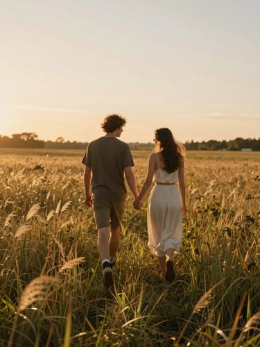 Wide medium shot of a couple walking hand-in-hand through a sun-drenched meadow, late afternoon golden light raking across tall grass, photographer perspective from behind and slightly to the side, candid and unhurried, warm amber tones throughout