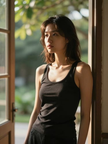 Portrait framed from mid-torso up, photographer standing in open shade near a sunlit doorway, warm afternoon light spilling across her left shoulder, relaxed and looking slightly off-camera, surrounded by soft bokeh of green foliage, candid and unposed