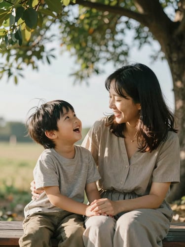 Close portrait-oriented frame, a mother and young child sitting together in open shade under a tree, the child mid-laugh looking up at her mother, warm afternoon light filtering through leaves, both unaware of the camera, hands intertwined, genuine and unposed