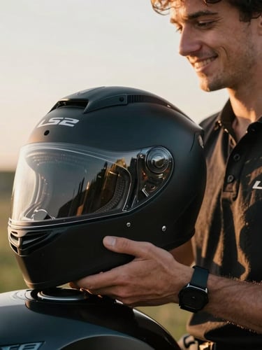 Dynamic close-up of a smiling winner holding a brand new matte black LS2 motorcycle helmet next to their bike, golden hour natural light, authentic expression