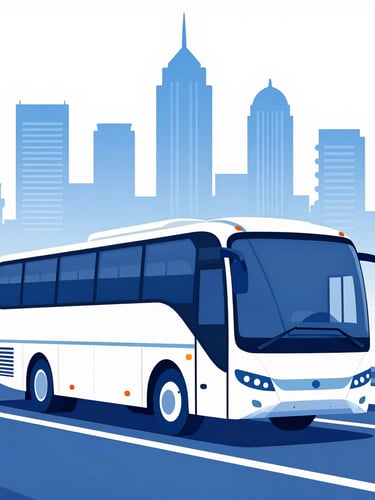 Clean 3D vector illustration of a luxury multi-axle bus traveling on a modern highway, stylized Indian city skyline in the background, bright daylight, royal blue and white color palette, high-contrast minimalist style.