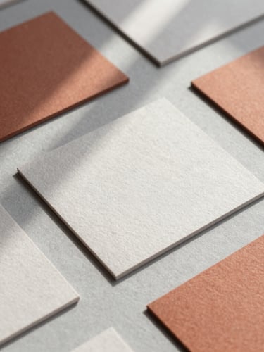 Staggered flat-lay of physical brand collateral, textured business cards cast in soft shadows on an ash gray surface, diffused natural daylight.
