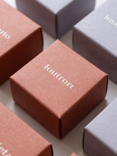 Flat-lay of bespoke packaging boxes in soft terracotta and mist lavender tones with elegant typography