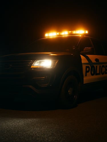 Low-angle tactical night shot of a marked patrol vehicle with active amber lightbars, illuminated sharply by headlights on a dark asphalt road.