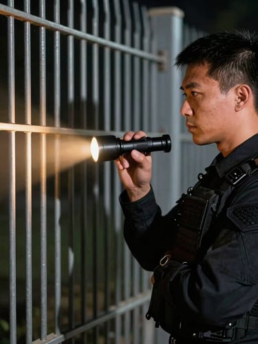 Close-up of a tactical officer in a clean dark utility uniform inspecting a metal security fence at night, illuminated by a sharp amber flashlight beam, high contrast shadow play