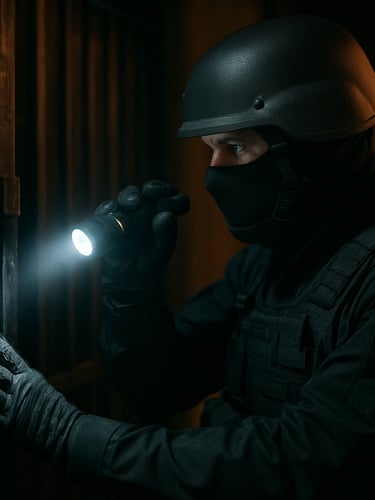 Close-up of a tactical security officer in a dark uniform inspecting a heavy steel gate at night with a bright LED flashlight, amber ambient light in the background.
