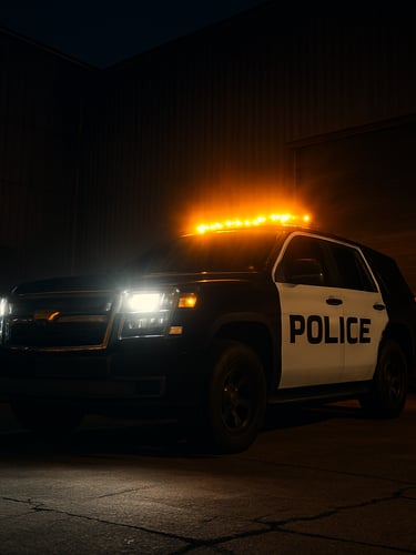 Low-angle wide shot of a marked patrol vehicle with active amber lightbars parked outside a dark industrial warehouse at night, illuminated by sharp headlights.