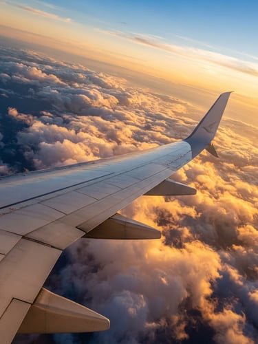 Bright wide-angle editorial shot of an airplane wing slicing through golden-hour clouds, vibrant realistic colors, high clarity, natural daylight