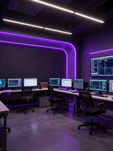 Wide environmental shot of a futuristic digital production suite in Jakarta, low-key lighting with dramatic neon purple accents, empty workspace.