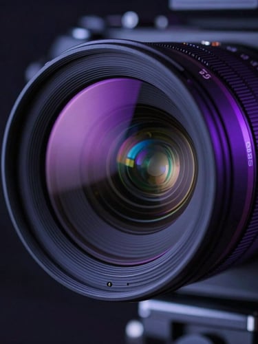 Macro close-up of a high-end cinema camera lens reflecting neon purple and electric blue studio lights, dark cinematic atmosphere, shallow depth of field, technical precision.