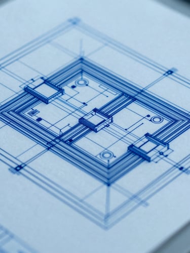 Blueprint-like architectural schematic, abstract data flow, cold blue and white light, sharp lines, sterile background, 35mm