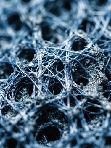 Macro close-up of a sterile, high-contrast biomedical texture under cold blue and white laboratory light, sharp shadows, technical detail, 35mm