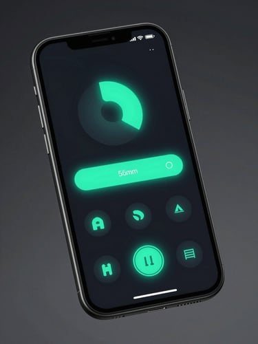 Sleek dark-mode mobile launcher interface on an Android screen, glowing neon cyan accents, dark studio lighting, 35mm