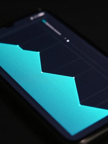 Sleek dark-mode tech photography, high-contrast close-up of an Android screen displaying a minimalist system monitor with glowing neon cyan vector graphs, sharp focus, 35mm