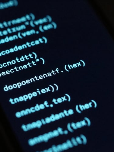 Sleek dark-mode tech photography, macro close-up of a glowing Android smartphone screen displaying clean cyan code schematics, high contrast, sharp focus, 35mm