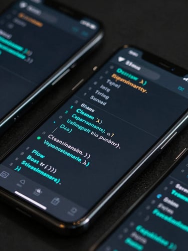 Sleek dark-mode tech photography, glowing neon cyan accents, high-contrast mobile device close-ups showing code rendering on screen, sharp focus, 35mm