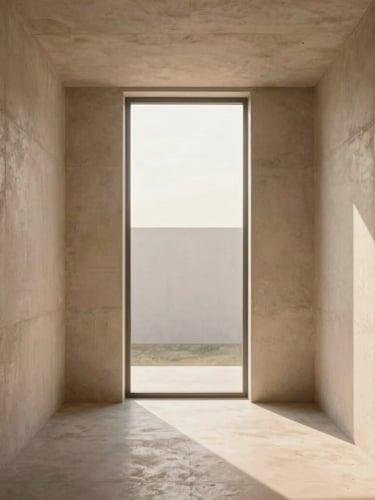 Sun-drenched minimalist concrete villa interior, soft shadows on raw plaster walls, warm morning light diffusing through a high window, 35mm photography