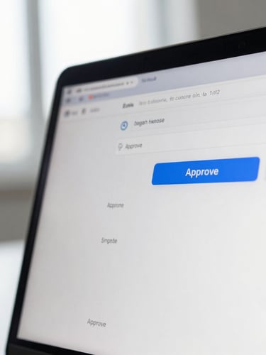 A clean, minimalist macro shot of a laptop screen displaying a structured email thread with a blue Approve button, soft natural office light, high-end tech aesthetic