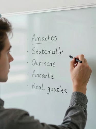 An over-the-shoulder shot of a young professional writing strategic milestones on a clean glass whiteboard, soft daylight illuminating the workspace