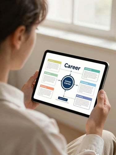 Over-the-shoulder shot of a young professional reviewing a structured career roadmap on a tablet, soft side-lighting from a window, warm cream tones.