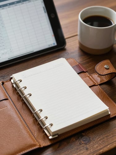 A close-up of a structured leather planner open on a wooden table, a modern tablet showing a clean spreadsheet next to a ceramic coffee mug, natural side-lighting