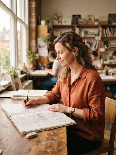 A bright environmental portrait of an adult student sketching a design in a sunlit classroom, warm organic tones, shallow depth of field