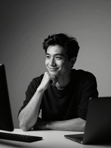 High-contrast black and white photograph, dramatic low-key studio lighting, candid portrait of a focused creative director, non-smiling, slightly off-center, deep in thought at a clean desktop setup.