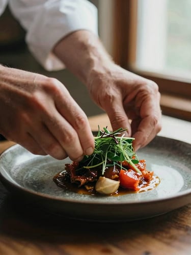 Close-up of a chef's hands carefully plating a rustic dish on a dark ceramic plate near a sunlit window, warm natural light, shallow depth of field, 35mm film style