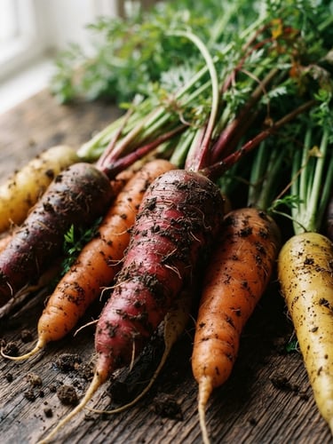 Close-up of fresh heirloom carrots with soil still on them, natural window light, rustic wooden table, shallow depth of field, warm editorial photography, rich crimson and forest green tones, 35mm film
