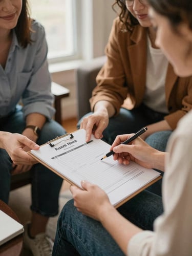 A housing counselor and resident reviewing financial planning worksheets together in a sunlit Ohio office room, close-up on hands and warm expressions, 35mm
