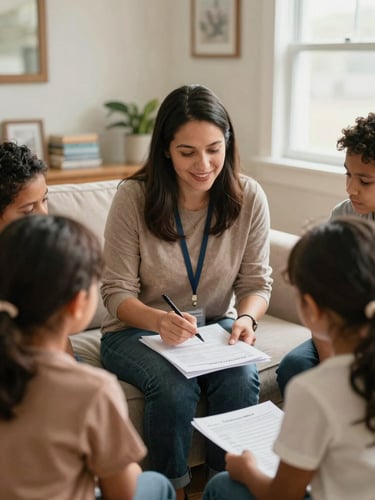 A warm, natural light photograph of an Ohio housing counselor collaborating with a family over budget sheets in a bright, inviting community room, 35mm.
