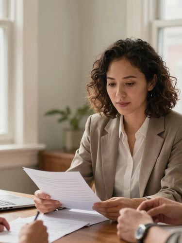 A housing counselor meeting with a resident in a sunlit Ohio office, reviewing documents together with supportive expressions, soft window light, 35mm.