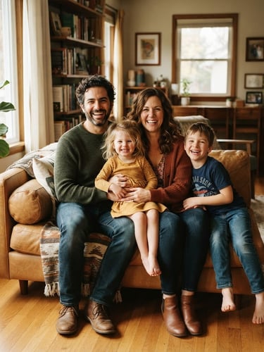 A local Ohio family smiling together in their warm, sunlit living room, soft natural daylight, rich earthy tones, authentic human moments, 35mm
