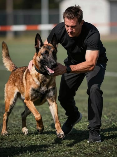 A focused Belgian Malinois maintaining intense eye contact with its trainer during an outdoor obedience session, sharp action photography, dramatic shadows.