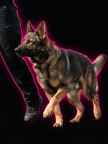 Sharp action photography of a focused German Shepherd in a perfect heel position, high-contrast natural daylight, deep black background with a vibrant hot pink light rim, dramatic depth of field.