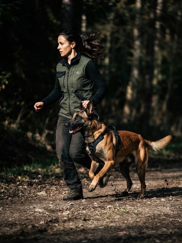 A powerful, focused Belgian Malinois in a perfect heel position next to its trainer, high-contrast natural light, dramatic shadows, athletic intensity.
