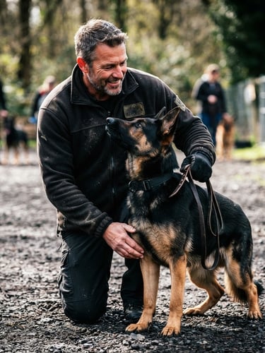 A powerful portrait of trainer Robert Ferguson working hands-on with a focused German Shepherd in a structured heel position, high-contrast natural daylight, dynamic depth of field.