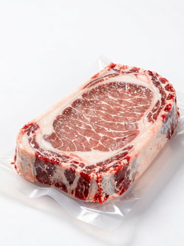 Crisp commercial food photography, vacuum-sealed premium raw beef ribeye on a sterile white surface, bright high-key studio lighting, sharp focus, 50mm lens.
